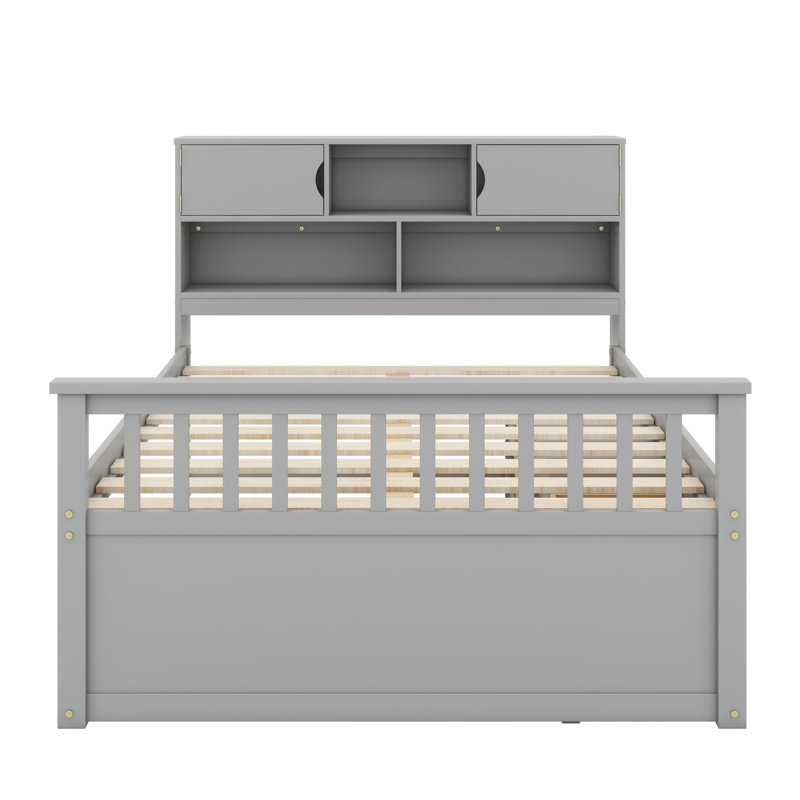 Structure de lit plateforme avec bibliothèques et tablettes de rangement, quatre tiroirs, Gris