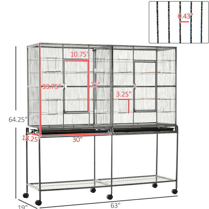 Cage à oiseaux 65 po en métal à double roulement 65 po: support amovible, tablette de rangement, perchoir en bois et contenant à nourriture