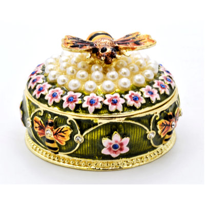 Decorative Bumble Bee on Floral Trinket Box with Austrian Crystals