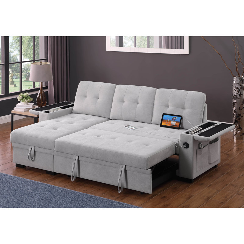 Ashlyn II 84"W Gray Woven Fabric Reversible Sleeper Sectional Sofa with Storage Chaise, Storage Arm, Cup Holder, Charging Ports, Side Pockets, and Pocket Coil Seating
