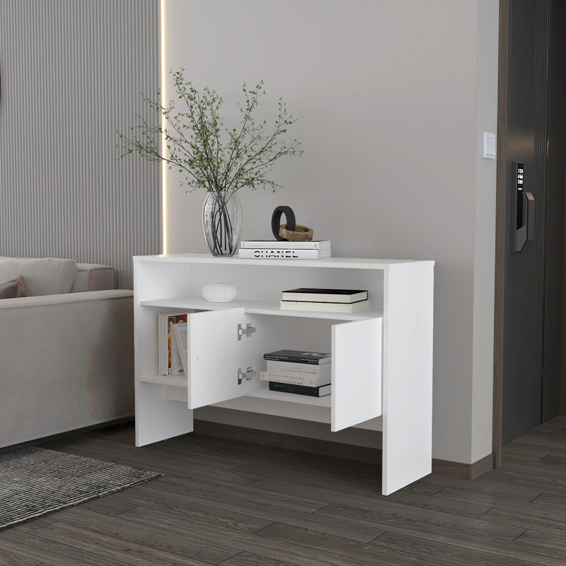 Console Bylas en mélamine avec deux portes de rangement ouvertes, blanc, Blanc