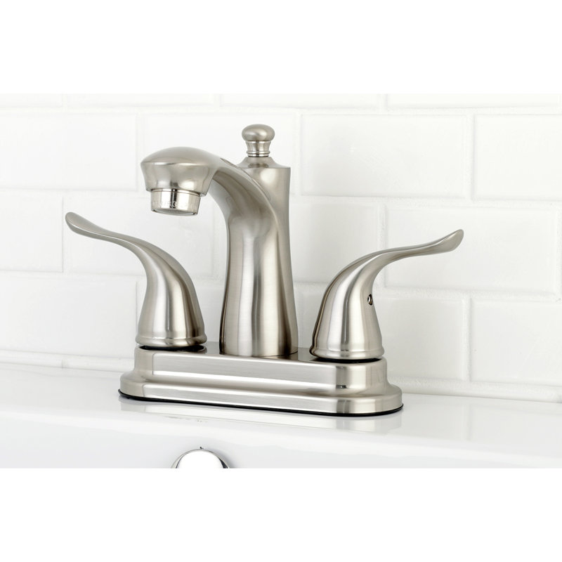 Kingston Brass Yosemite Two-Handle 3-Hole Deck Mount 4" Centerset Bathroom Faucet with Plastic Pop-Up, Brushed Nickel