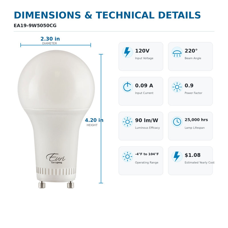 Euri Lighting A19 LED Bulb, 9W, 810 lm, 60W Eq., 5000K Cool White, GU24, CEC/JA8, UL