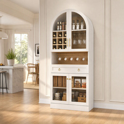 70" Tall Arched Bar Cabinet, Mid-Century Wine Liquor Cabinet with Tempered Glass Doors, Wine Racks, Drawer & Hooks