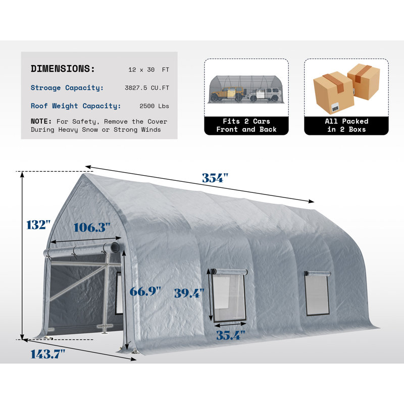 12 FT x 30 FT Heavy Duty Anti-Snow Carport with Spacious Aluminum Frame, 12 x 30 FT