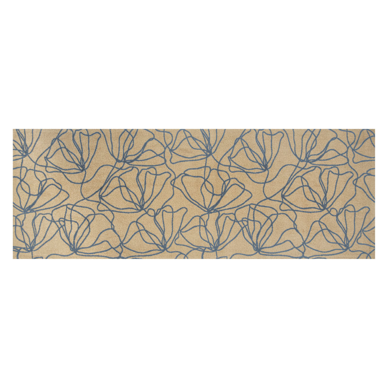 Poppies Denim Blue One-Piece Washable Runner, Tan;Blue, 28" W x 75" L
