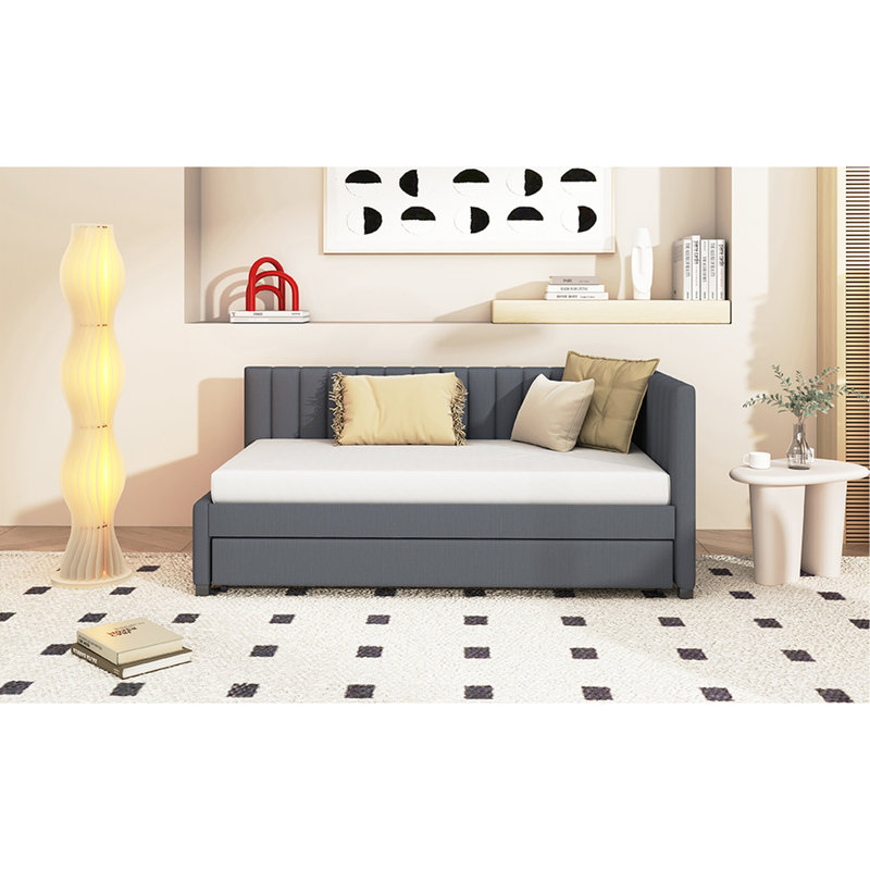 Twin Size Daybed With Upholstered Trundle, Gray Linen, No Box Spring, Stylish Option Linen Cloth, Robust Bed Character, Mark