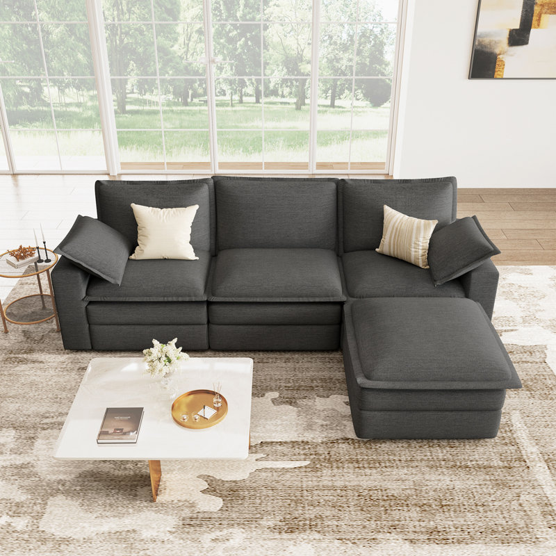 L Shaped Sectional Sofa, Cloud Couch With Ottoman, Modular Sectional For Living Room, Dark Gray, Dark Gray Polyester