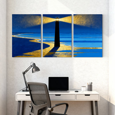 Phare, phare, lumière océan, vagues dorées, chemin nocturne, ensemble de 3 impressions sur toile