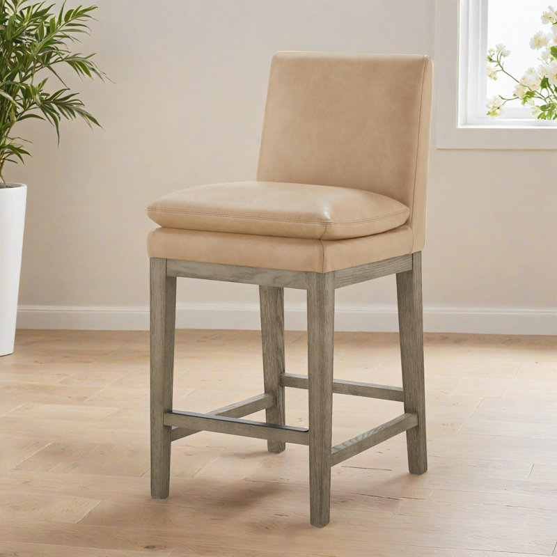 Tabouret de comptoir rembourré en cuir Bethea, 3, Brun clair Copley
