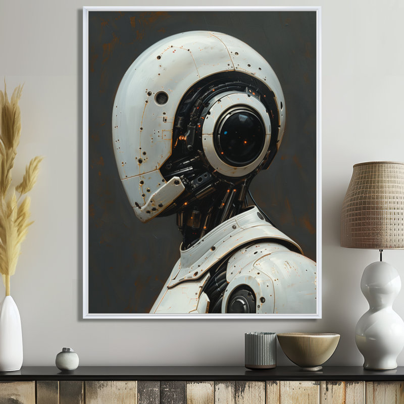 «White Grey Steel Steel Sentinel Robot - Robots», reproduction d'art mural, Cadre flottant blanc, H 16 po x l 32 po