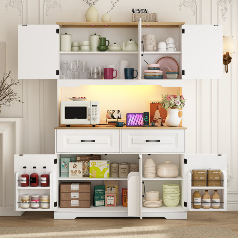 Cage Farmhouse Pantry, armoire de 71 po de hauteur avec prise de courant, éclairage à DEL, 2 tiroirs, 8 portes et rangement ouvert pour la cuisine et la salle à manger