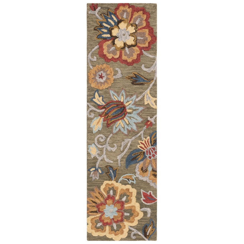 Blossom Hand Tufted Wool Cotton Floral Rug in Red/Green, Runner 2'3" x 6'