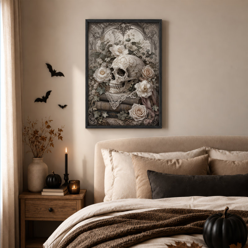 Crâne en filigrane doré avec roses blanches et dentelle - Toile murale d'Halloween, H 36 po x l 24 po