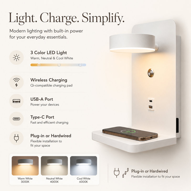 Applique murale moderne à DEL avec chargeur sans fil, ports USB et Type-C