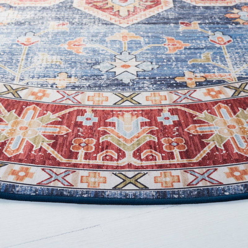 Deblois Oriental Blue/Rust Area Rug, Round 5'