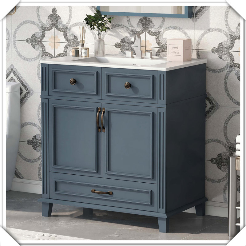 Meuble-lavabo en bois massif rétro avec lavabo en céramique, Bleu