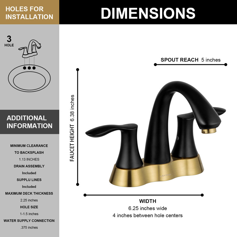 2-handle Bathroom Faucet with Drain Assembly, Black/Gold