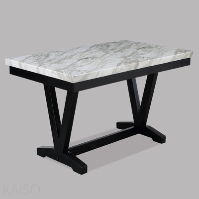 Modern White Faux Marble & Black Dining Room Rectangular Table V-Shape Trestle Design Wooden Base 1pc Furniture