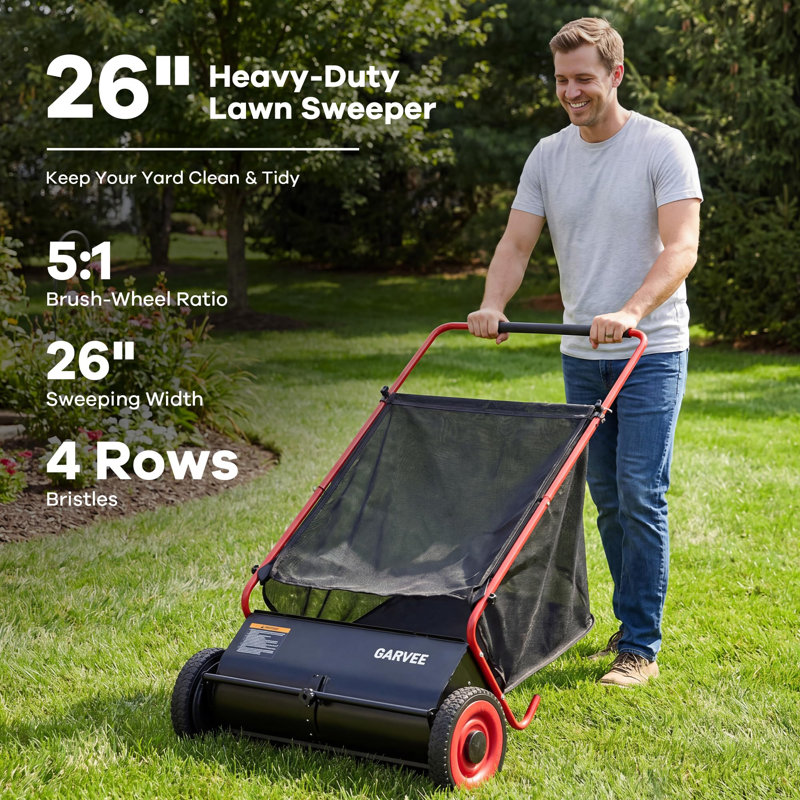 Balayeuse à gazon efficace pour nettoyage de jardin - 26 po, 4 brosses à rotation rapide, grande brosse de 7 pi³ Tondeuse à pied, hauteur réglable, structure en acier, pneus en caoutchouc - collecteur de feuilles et d'herbe puissant - rouge et noir