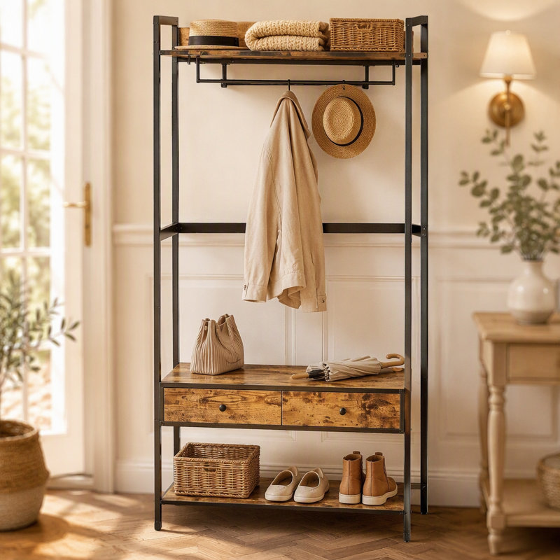 Arbre d'entrée 5-en-1 avec portemanteau, banc à chaussures et rangement, aspect bois, brun rustique