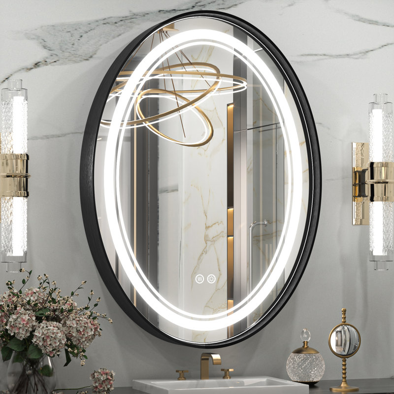 Vinia Oval LED Lighted Bathroom Vanity Mirror Dimmable and Anti-Fog Wall Mirror, 30" x 22", Black