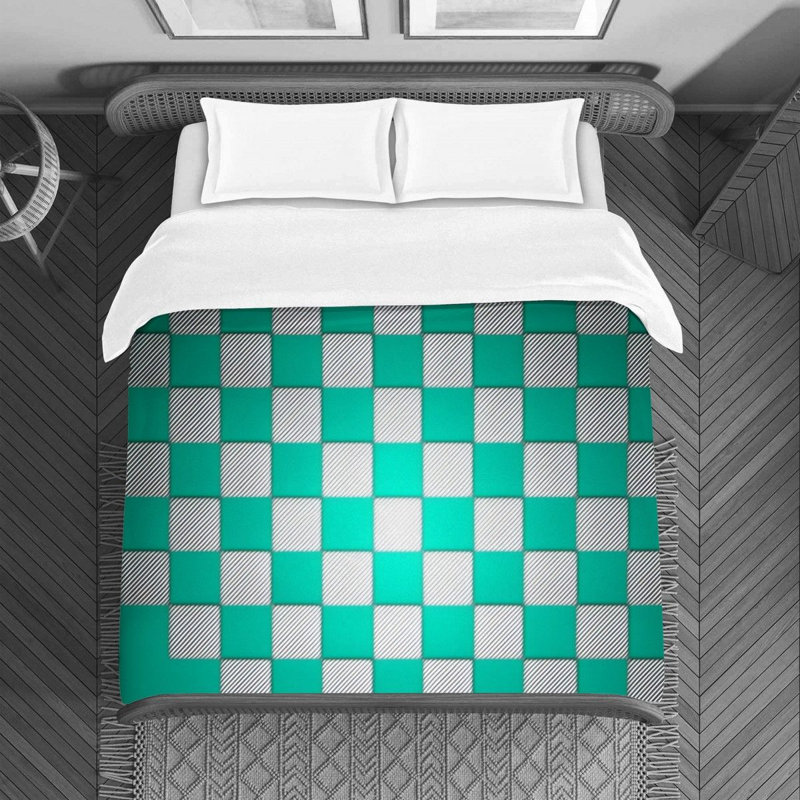 Housse de couette , Housse de couette pour lit simple, Argent / damier vert