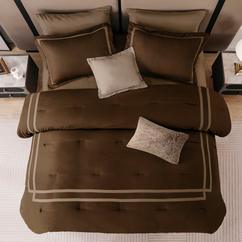 Wonderful Hotel Flannel Comforter Bedding Set, King Comforter + 7 Additional Pieces, Cocoa Brown
