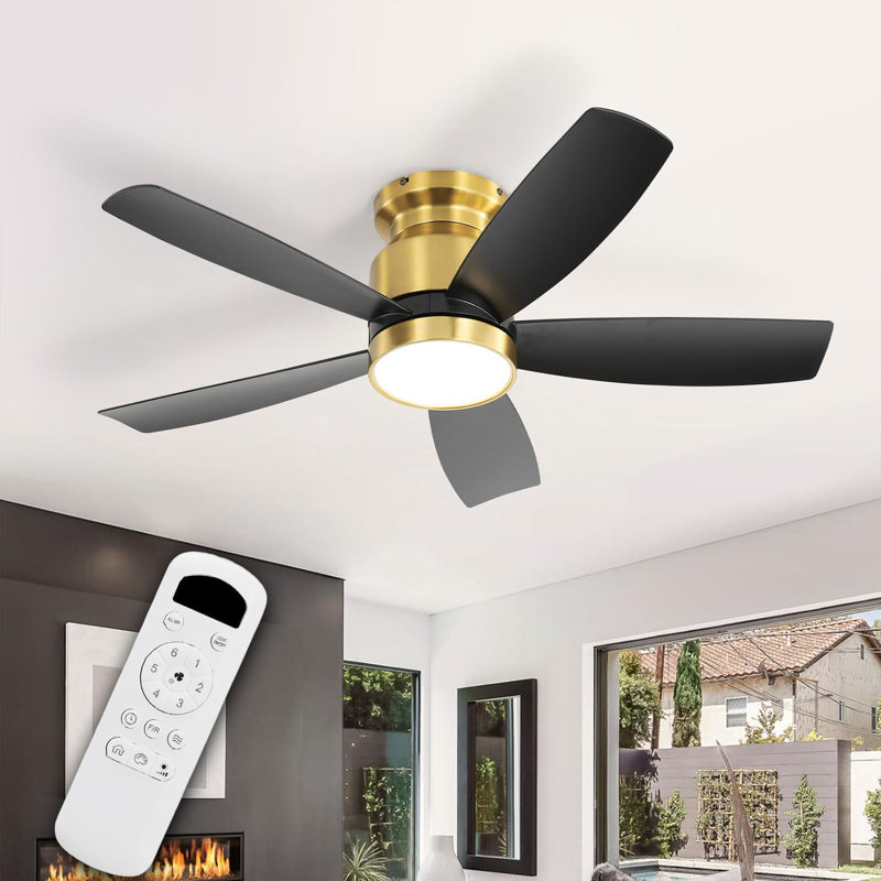 42" Ceiling Fans With LED Light 3 Colors Dimmable, 5 Blades Flush Mount Low Profile Ceiling Fan With Remote Contorl, Quiet Reversible DC Motor, Modern Ceiling Fans For Bedroom, Patio (Gold+Black)