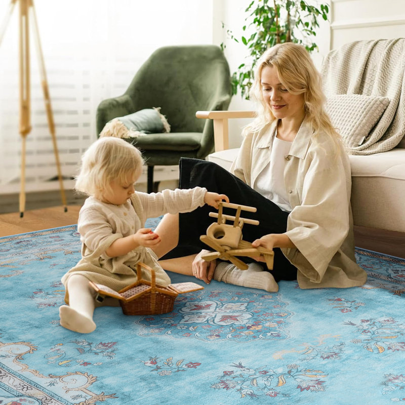 Large Oriental Floral Living Room Rug Washable Bedroom Rug Non-Slip Colorful Vintage Accent Floor Carpet For Home Decor