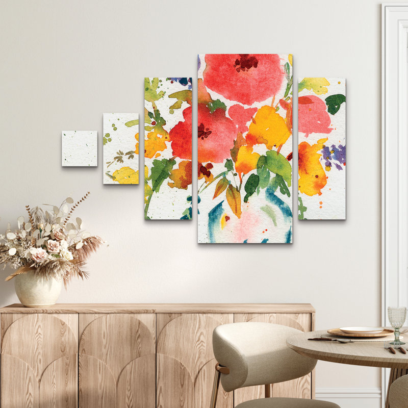 Ensemble de 5 panneaux d'art mural - Vase d'or blanc avec fleurs lumineuses Sheila Golden 