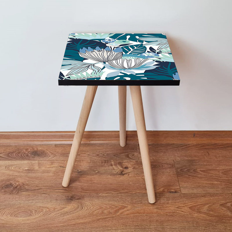 Modern Side Table with Beech Wood Legs, Blue & Navy Blue, 13.8 x 16.5 x 13.8 inches | 100% MDF, Thickness: 0.7 inches | Stylish Flower Design, Perfect for Living Room & Bedroom, Durable & Elegant Addition