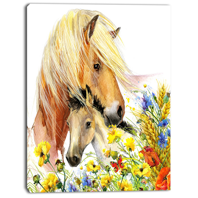 Alfaro cheval et poulain avec prairie - reproduction d'art, H 40 po x l 30 po x 1,5 po, Toile tendue