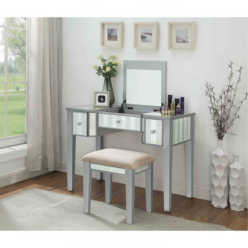 Transitional Style  1Pc Vanity W/ Stool Set Core Design Storage Drawers Central Mirror Padded Stool Bedroom Furniture, Silver