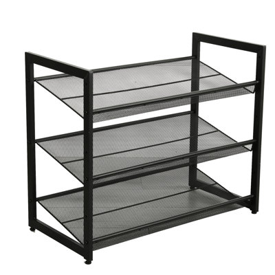 Étagère à chaussures autoportante à 3 niveaux pour le vestibule et la porte d'entrée, métal noir avec de larges tablettes en maille, 2 angles de tablette, 4 embouts antidérapants,