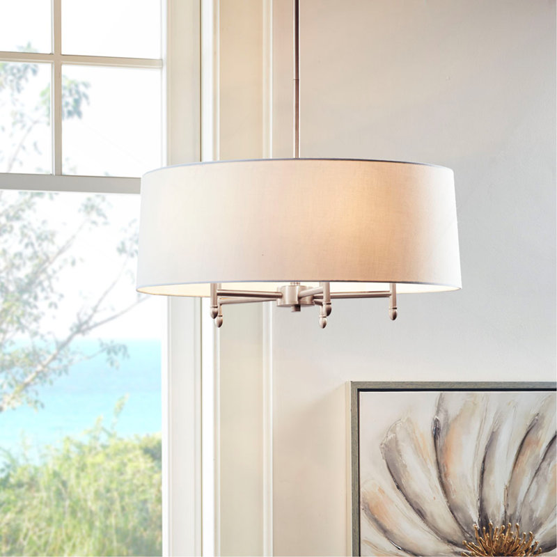 5-Light White Drum Shade Chandelier, Silver