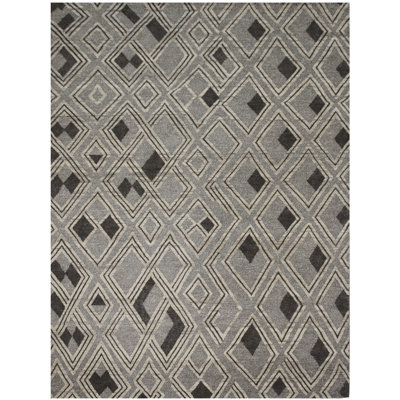 Tapis rectangulaire en lin noué à la main ivoire / gris / noir