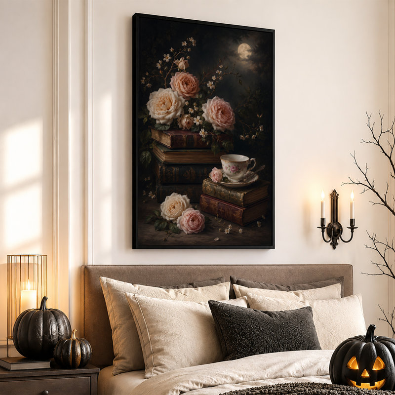 Art mural sur toile, roses roses et tasse de thé sur pile de livres avec lune, H 30 po x l 20 po