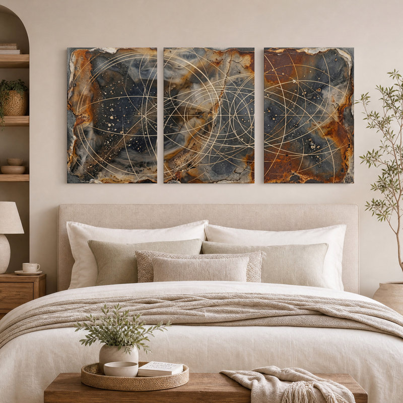 Ensemble de 3 toiles murales représentant des lignes géométriques dorées sur du métal rouillé, 24"H x 16"W x 3pcs