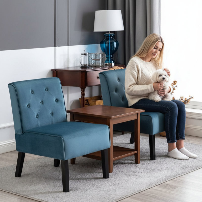 Fauteuil d'appoint 2 pièces à dossier boutonné, Bleu