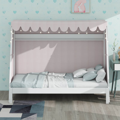 Lit simple en bois de pin simple TG, cadre de lit, lit avec tente écossaise rose, lumière DEL, tablette, lit gigogne escamotable