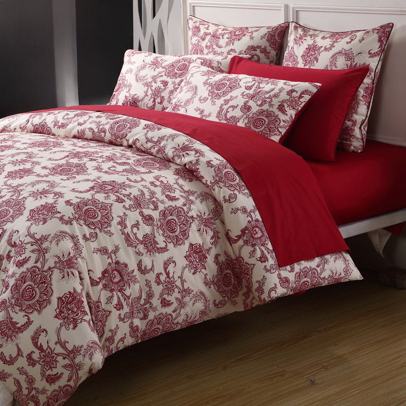  Ensemble de housse de couette 100% coton 800TC 800TC, 3 pièces, 3 pièces, ensemble de literie de luxe rétro moiré à motif floral rouge, motif botanique esthétique pour chambre d'étudiant, dortoir toutes saisons