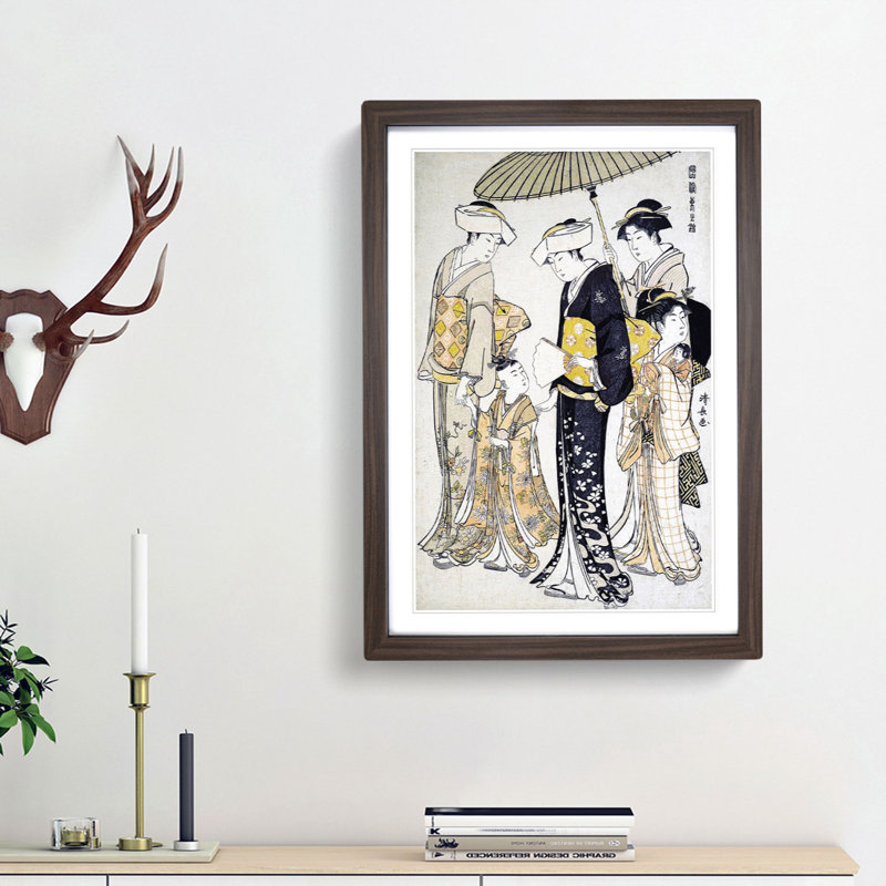 Girl with Attendants by Torii Kiyonaga - Picture Frame Painting Print, Walnut Framed, 36cm H x 27cm W x 2cm D