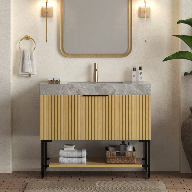 Mary 36" Bathroom Vanity with Ceramic Basin, Drawer & Shelf, Golden Oak/Black