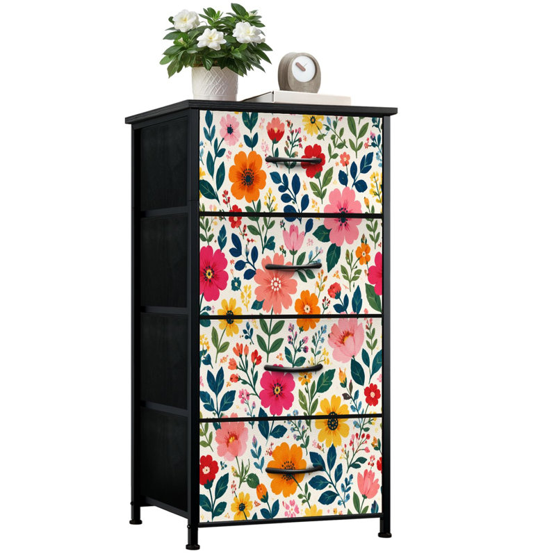 Commode de rangement verticale 4 tiroirs fleurs colorées peintes à la main avec tiroirs en bois
