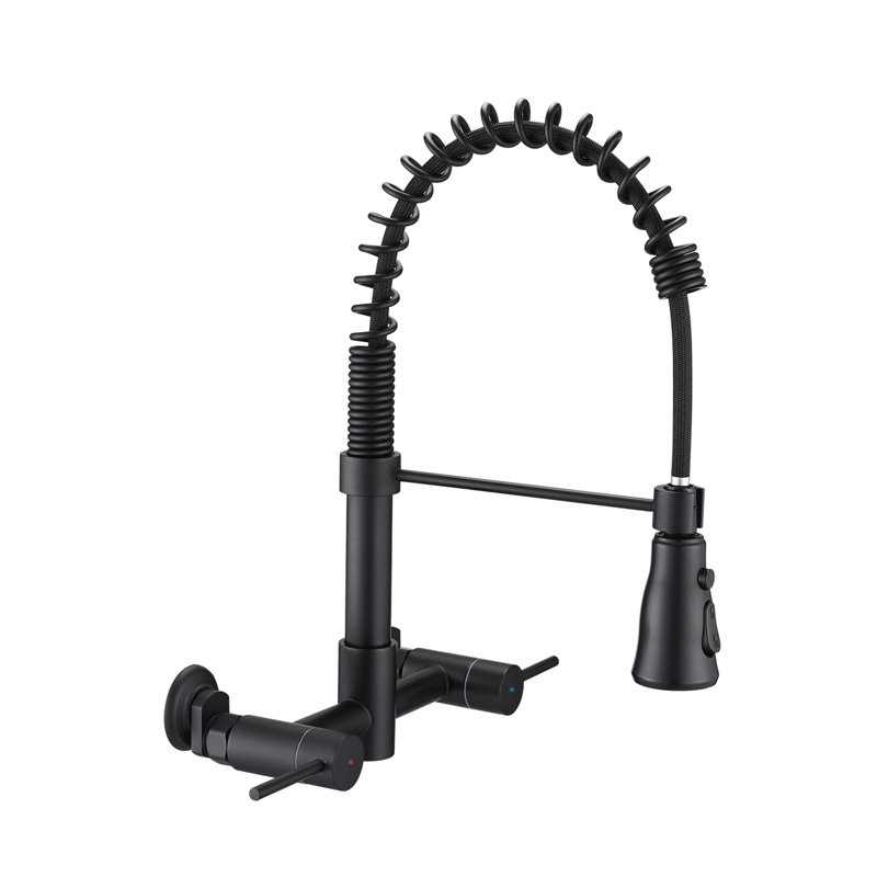 Topcraft Two Handle Wall Mount Bridge Kitchen Faucet, Matte Black