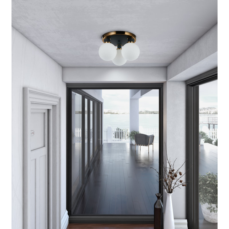 Rickey - 3-Light Semi-Flush Mount - Black - Brushed Brass - Glass, White