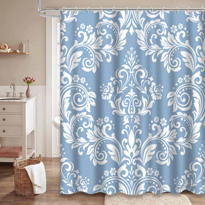 Rideau de douche à motif floral damassé blanc et bleu avec 12 crochets