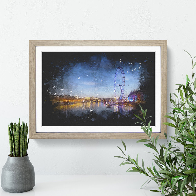 The London Eye & Thames River - Single Picture Frame Print on MDF, Oak Framed, 62cm H x 87cm W x 2cm D