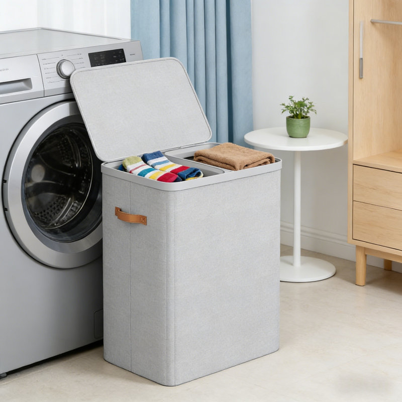 44.9 Gal Double Hamper With Lid, Dual Compartments, Removable Bags And Handles, Quick-Assembly Laundry Basket, Gray